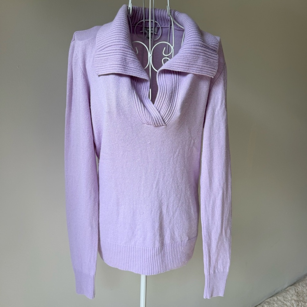 Cache Lilac Wool Cashmere Blend Ribbed V-Neck Sweater L collared